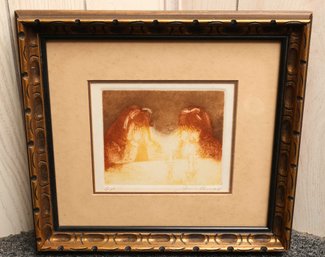 Vintage Joan Purcell Colored Etching Signed Artist Proof Girls Candle Surprise