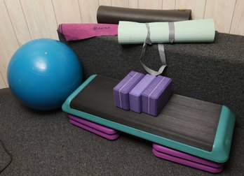 Classic Step Aerobics, Exercise Ball, 3 Yoga Blocks, Manduka Yoga Mat, Hot Yoga Wrap