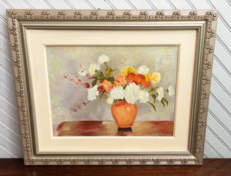 Signed Ruth Dunmire Postmodern Floral Still Life Oil , Framed