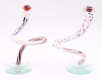 Rare Hand Blown Judaica Candle Stick Holders - Pair