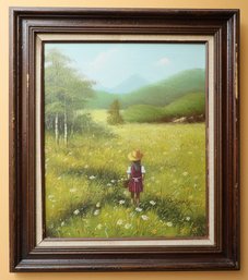 Original G. Dawson Signed Oil On Canvas Framed - Little Girl In A Field