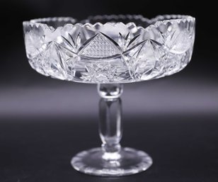 American Brilliant Period ABP Cut Glass Crystal Footed Compote, Hobstar & Flame Motif With Zippered Stem