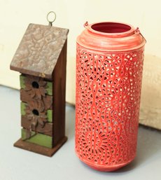 Metal Lantern, Metal And Wood Bird House With Floral Design