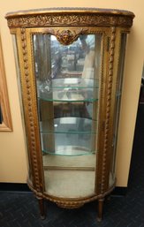 Vintage French Rococo Style Gold Vitrine Curved Glass Curio Mirrored Cabinet - Key Included