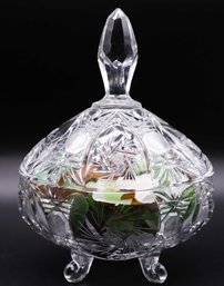 Vintage CRYSTAL FOUR FOOTED LIDDED CANDY DISH BOWL Filled W/ Sea Glass