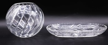 Vintage Boat Shaped Dish Dessert Candy Ice Cream Serving Dish & 1990s Cut Crystal Rose Bowl