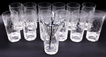 12 Heavy Crystal Highball, Water Glasses, Vintage Set,  - Grey Goose Stainless Steel Martini Picks