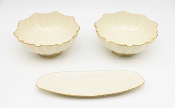 LENOX Symphony Scalloped Bowls W/ Butter Dish Ivory 24K Gold Trim