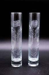 Bud Vase Clear Glass Etched Unsigned  - Pair