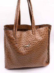 Caramel Faux Ostrich Embossed Satchel With Handles And Shoulder Strap