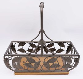 Unique Heavy Wrought Iron Metal Leaf Design Basket With Hardwood Bottom 14 1/4' Tall