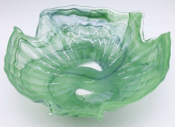 Hand Blown Stretch Glass Scalloped Edge Green/White Swirls Dish Bowl Decor