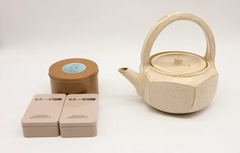 Vintage Decorative Signed Pottery Tea Pot W/ Tea Included