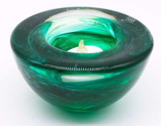 Kosta Boda Swedish Art Glass Green Swirl Tea Light Candle Holder