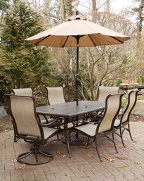 Cast Aluminum Patio Table W/ 6 Chairs & California Umbrella - See Description For Dimensions