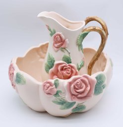 Vintage 1987 Fitz & Floyd Blushing Rose Embossed 2 Qt Pitcher Hand-painted W/ Matching Wash Basin
