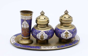 Vintage Thai Brass Enamel Condiment Set Salt Pepper Shakers Toothpick Holder Oval Tray Thailand Siam Oriental