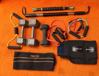 Assorted Gym Equipment - Weights, Mueller Lumbar Back Brace, Copper Care, And More