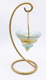 MCM Brass Candle Holder With Blue Beveled Pressed Glass Insert