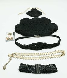Crochet Bag W/ Vintage Beaded Evening Bag - 3 Vintage Belts Included  - Vintage Business Card/Credit CardID C