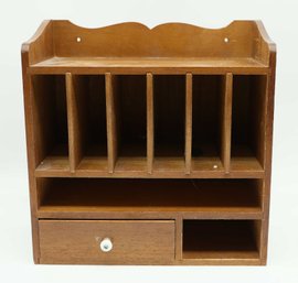 Vintage Wooden Wall Mount Or Desktop Mail Sorter - Divided Cubby With Drawer And Letter Slots, Rustic Desk Org