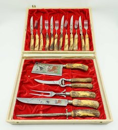 Vintage Anton Winger JR Stag Solingen Germany Cutlery Set Etched Blades -17 Pieces Plus Case - Rare