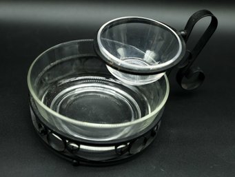 Vintage Chip And Dip Two Tier Glass Bowl Set, Metal Black Frame