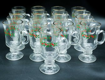 Libbey Holly Berry Ribbon Christmas Glass Irish Coffee Cups Mugs 8oz Gold Rim - 17 Total