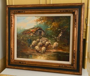 Vintage Oil On Canvas, Signed Schuster - A.S. Viktoria Maltuch Stamp On Back Of Canvas, Shepard W/ His Herd