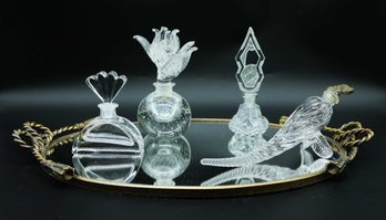 Vintage Perfume Bottles, Lot Of 4 W/ Vintage Brass Oval Mirror