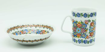 Rare Cepelia Opolska Opole HandPainted Polish Floral Signed Mug 1997 & Vintage Polish Floral Bowl, Folk Art,