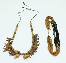 African Costume Jewelry, Necklace W/ Wooden Animals Hand Carved, And Beaded Necklace