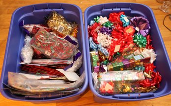 Large Bin Of Bows And Holiday Decor, Lanterns & Bins  Included