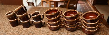 Vintage Hull Pottery USA Brown Drip Soup/Chili Bowl W/ Handle Oven Proof (12)Brown Drip Glaze Coffee Mugs (5)