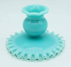 Enton Art Glass Turquoise Pastel Cuped Candle Holder With Silver Crest 1955