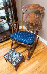 Antique Ornate Wooden Rocker W/ Cane Seat And Upholstered Step Stool