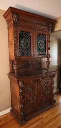 Antique French Heavily Carved Hunt Cabinet With Stained Glass Doors Circa 1880 - RARE