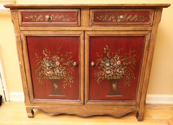 Vintage Red Painted Floral Buffet Cabinet