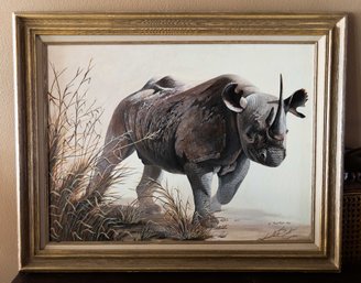 Paint On Board Charging Rhino, Signed J. Martin 1990