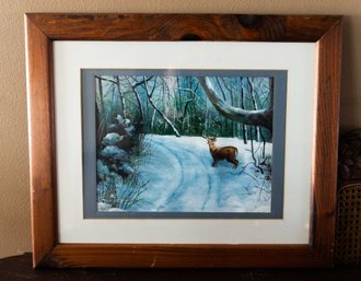 Original Artwork By Lea Baynon - Signed - Winter Scene W/ Deer