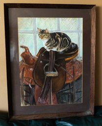 Large Signed Pastel On Paper Of Cat Sitting On Saddle - Framed