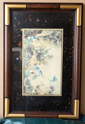 Vintage Chinoiserie Hand Painted Silk Pale Green Blue Bird Framed Print Art