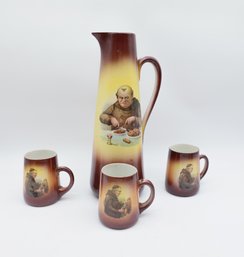 Sterling China Spouted Pitcher Monk At Dinner W/ 3 Matching Cups