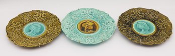 Antique Majolica Portrait Plates 3 1880's Mustar & Teal Glazed Cameo Plates/ German Antique Card Plates - Rare