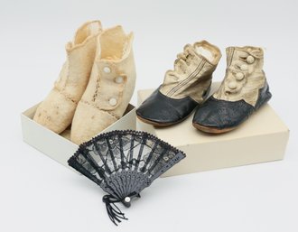 Antique Doll Shoes - Black And White Button Shoes, Ca. 1900-1920 & Antique Childs Hi Button Shoes - W/ Handfan