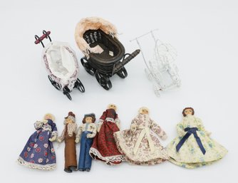 Vintage Doll's Prams (3) 6 Small Wooden Faced Dolls W/ Pipe Cleaner Limbs