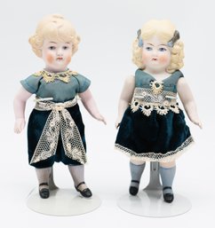 Antique German Bisque Dolls - Jointed - 7' Tall - Rosy Cheeks -Pair