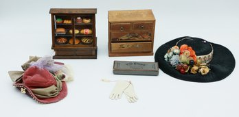Doll/doll House Accessories - Doll Hats (2) Mini Gloves & Mini Pure Irish Linen Towels - Mini Bakery & Dresser
