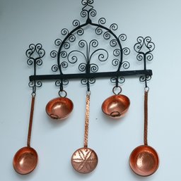 Vintage Copper Cookware Hung On Wrought Iron Decorative Wall Mount, Home Decor