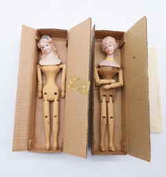 Hand Made Antique Bisque W/ Jointed Wooden Arms & Legs In Original Box - Lot Of 2